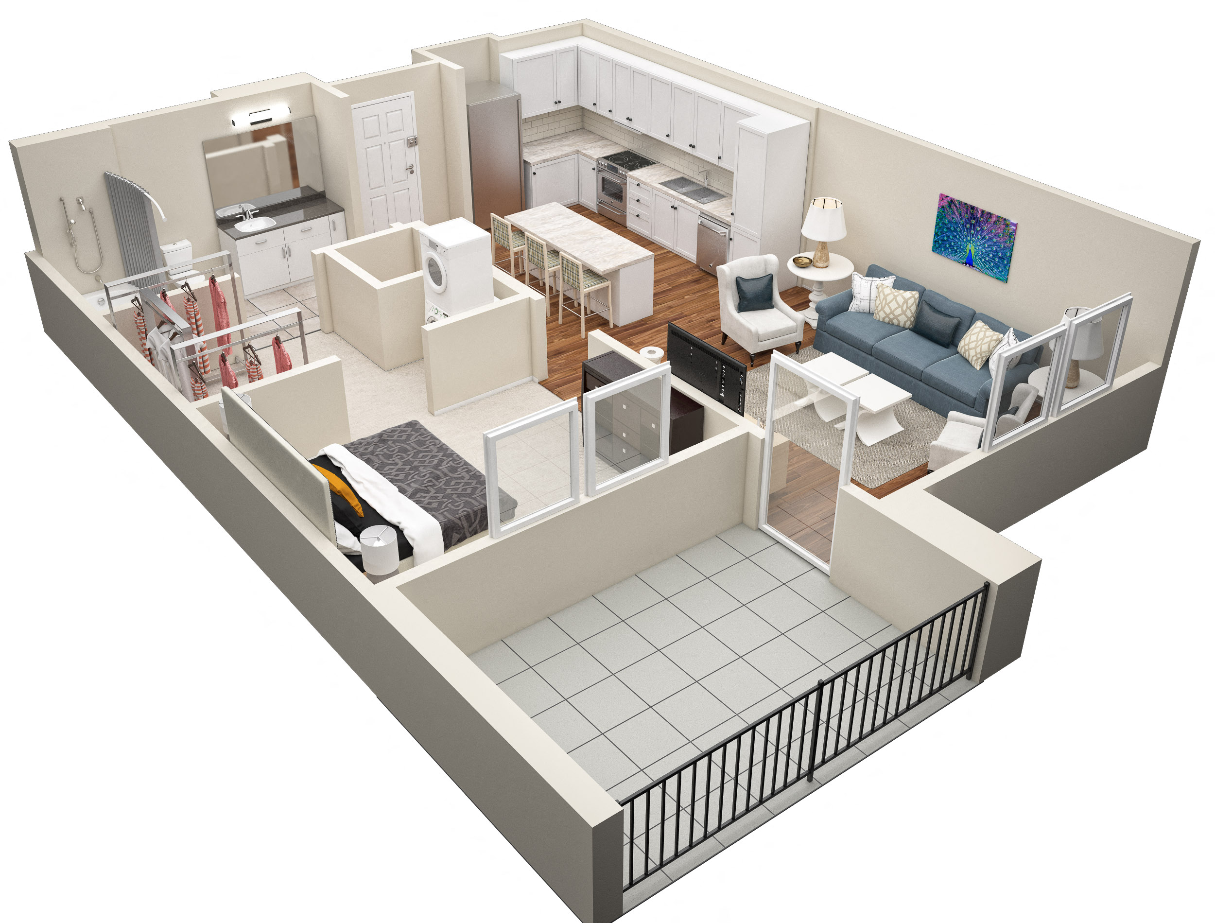 Floor plan for 1 bed, 1 bath, 627 sqft